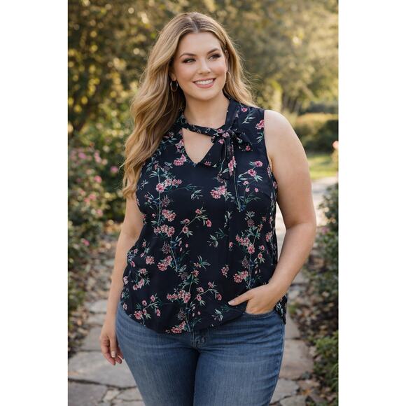 Torrid Tops - Torrid Floral Blouse Tie Neck Black Pink Women Plus 2X Whimsigoth Croquette Chic